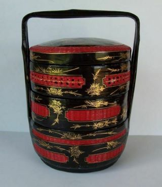 Antique Chinese Wedding Basket Black,  Red,  Gold Lacquered Signed