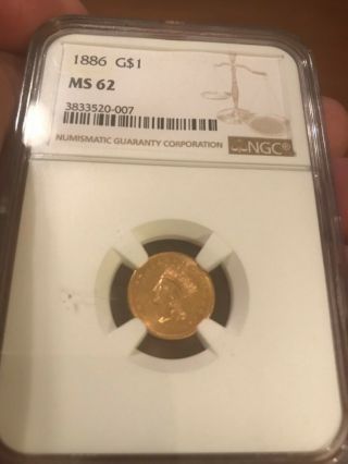1886 Type 3 Liberty $1 Gold Dollar Pcgs Ms62,  Rare Date,  Low Mintage