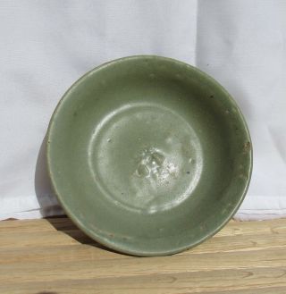 Chinese Ming Yuan Provincial Small Green Celadon Thick Glaze Bowl Carved Details