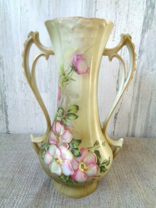 Antique Hand Painted Nippon Porcelain Vase With Double Handles - Pink Flowers