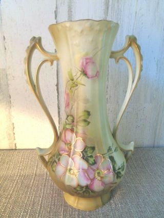 Antique hand painted Nippon porcelain vase with double handles - Pink Flowers 2