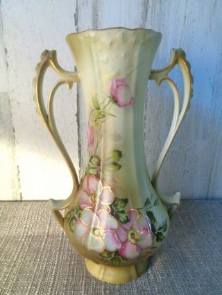 Antique hand painted Nippon porcelain vase with double handles - Pink Flowers 3