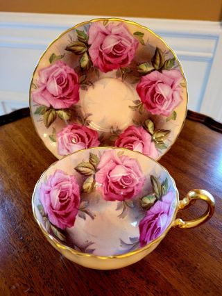 Stunning And Rare Aynsley Pink Cabbage Roses Teacup And Saucer -