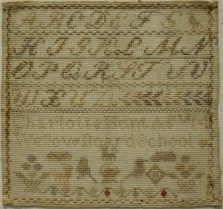 Small Mid/late 19th Century Alphabet & Motif Sampler By Charlotte Hunt - C.  1860