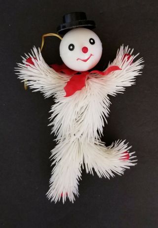 Rare Vintage Plastic White Bendable Happy Snowman Christmas Ornament Decor