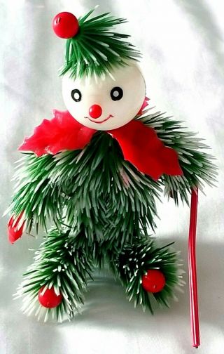Rare Vintage Plastic Green White Bendable Happy Snowman Christmas Ornament Decor
