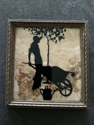 Rare Vintage Mixed Media Silhouette Reverse Painted Glass Woman Wheelbarrow Can