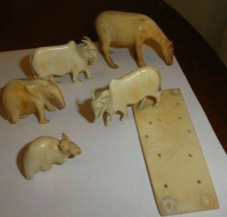 Chinese? Carved Bovine Bone Animals Cows,  Horse,  Elefant,  With Damage.
