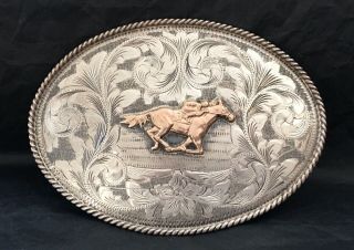 Vintage Rare 10k Gold & Sterling Silver Vogt Horse Racing Western Belt Buckle
