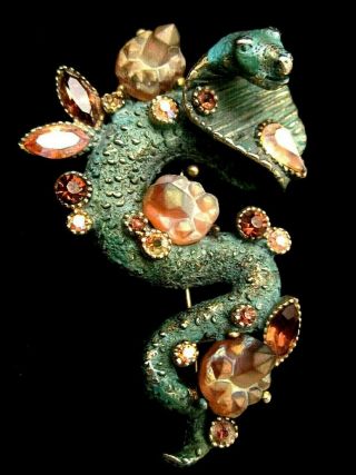 Coveted Rare 3 " Signed Har Goldtone Green Enamel Jeweled Cobra Snake Brooch Pin