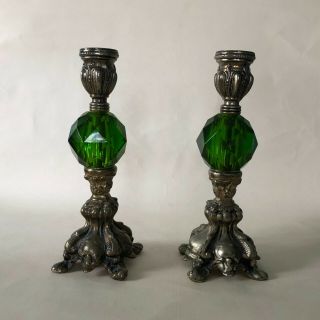 2 Vintage Mid Century Green Lucite Ornate Candlestick Holders Hollywood Regency