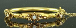 A Rare Victorian 14k Yellow Gold,  Opal & Seed Pearl Hinged Bangle Bracelet C1880