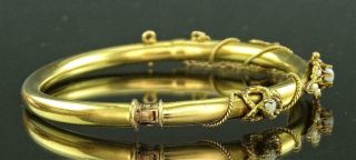 A RARE VICTORIAN 14K YELLOW GOLD,  OPAL & SEED PEARL HINGED BANGLE BRACELET c1880 3