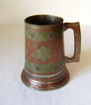 Large Vintage Indian Decorated Chrome & Enamel Tankard,  With Glass Bottom