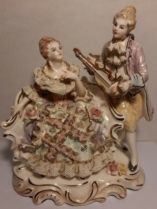 Vintage Dresden Lace Colonial Couple Courting Sitting On Couch Figurine