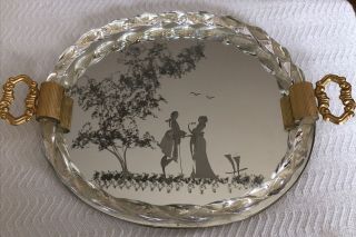 Rare Antique Mirror Dresser Vanity Tray Reverse Paint Ribbon Trim Gold Glass
