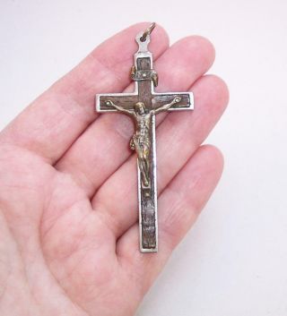 Antique Vintage Nickel Brass & Wood Crucifix Pendant Chaplain Nun 3 " High