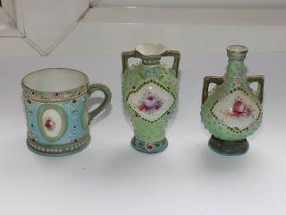 3 X Antique Japanese Nippon Moriage Ware Porcelain Green Miniatures 7.  25 Cm Tall