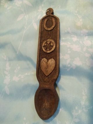 Antique Hand Carved Dark Wood Welsh Wooden Love Spoon