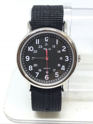 Timex Mens T2n647 Silver Tone Black Strap Weekender Watch 12