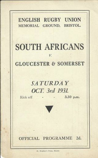 Gloucester & Somerset V South Africa 3 Oct 1931 Bristo Rugby Programme Rare
