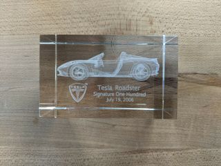 Tesla Roadster Signature 100 Laser Etched Paperweight - Very Rare