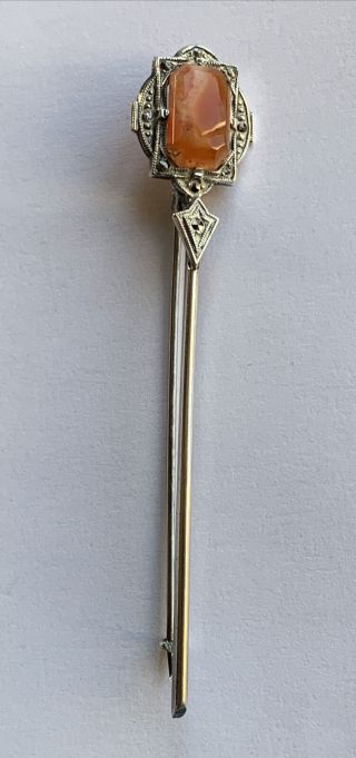 Antique Art Deco Marcasite Jewellery Silver Orange Stone 3” Bar Brooch Pin