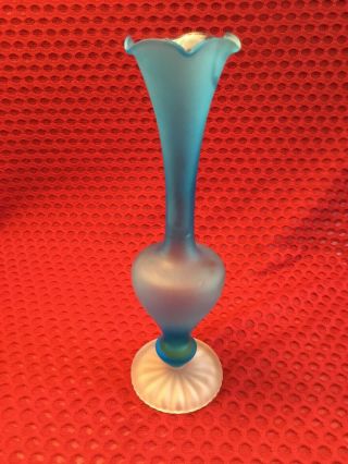 Rare Vintage Hand Blown Blue Bud Vase With Opaque Base & Ruffle Flower Top