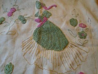 Vintage Hand Embroidered Irish Linen Cushion Cover - Crinoline Lady