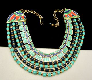 Rare Vintage Hattie Carnegie Goldtone Enamel Egyptian Revival Collar Necklace
