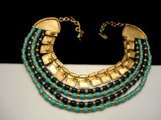 Rare Vintage Hattie Carnegie Goldtone Enamel Egyptian Revival Collar Necklace 2