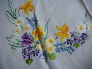 Vintage Hand Embroidered Spring Flowers Tablecloth 47 " X 49 "