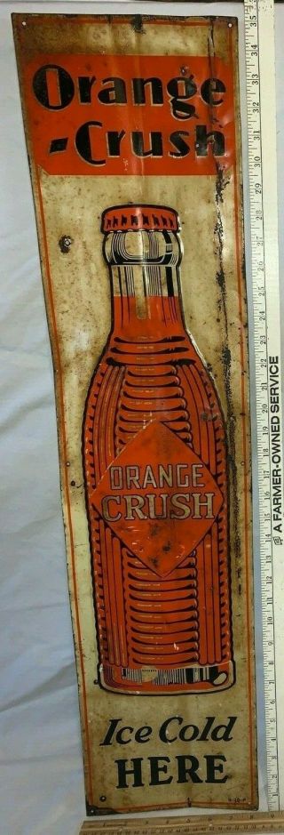 Antique Rare 1936 Orange Crush Soda Pop Bottle Tin Litho Sign Ice Cold Here Wow