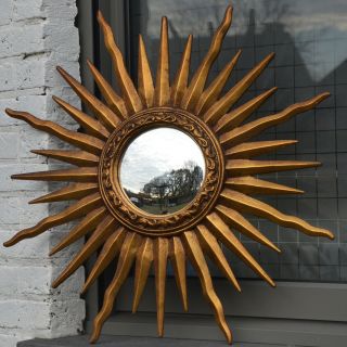 Rare Vintage Mid Century Modern French Gold Sunburst Starburst Convec Mirror