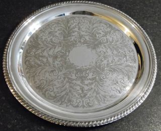 Vintage Large Silver Plated Tray - Floral Engraving & Patterned Edge 14.  5 " 37cm