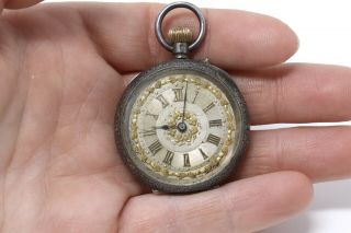 Ladies Antique Victorian Sterling Silver & Gold Top Wind Fob Pocket Watch A/f