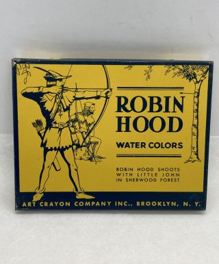 Rare Vintage Robin Hood Water Colors Art Crayon Co.  Tin Box 1950’s Collectible