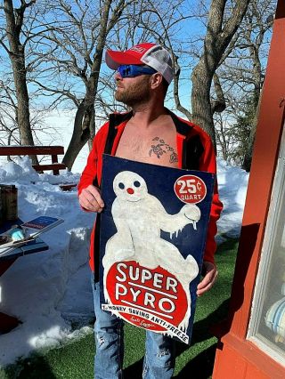 Vintage Rare Pyro Anti Freeze Metal Oil Gasoline Gas Sign Snowman Graphic
