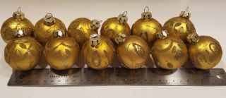 Antique Polish Glass Christmas Tree Ornaments Gold Hand Decorated Set Of 12