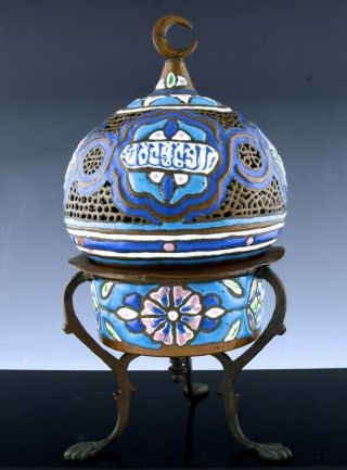 Rare 19thc Antique Islamic Turkish Ottoman Enamel On Copper Censer Vase In Stand