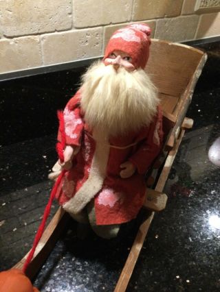 Antique German Rare Santa on Wood Sleigh with Reindeer 2
