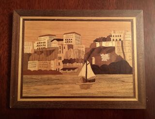 Vintage Marquetry Picture Sail Boat Yacht Scene Italy Inlaid Wood Mid Century