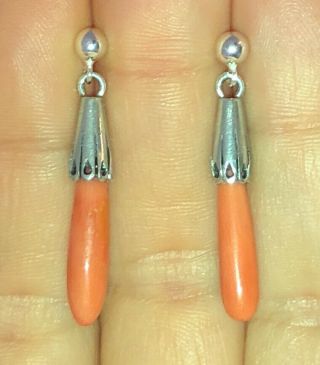 Antique Vintage Estate Victorian Coral Drops Earrings Carved Undyed Sterling 925