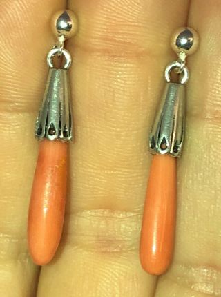 Antique Vintage Estate Victorian Coral Drops Earrings Carved Undyed Sterling 925 2