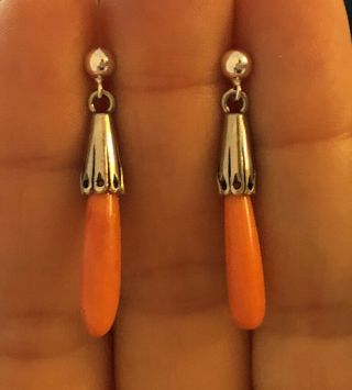 Antique Vintage Estate Victorian Coral Drops Earrings Carved Undyed Sterling 925 3