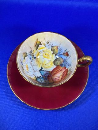 RARE AYNSLEY BURGANDY TEACUP & SAUCER TRIPLE CABBAGE ROSES SIGNED J A BAILEY 3