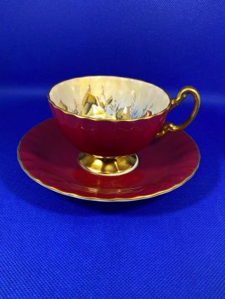 RARE AYNSLEY BURGANDY TEACUP & SAUCER TRIPLE CABBAGE ROSES SIGNED J A BAILEY 4