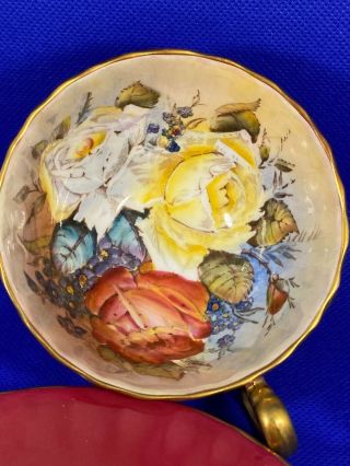 RARE AYNSLEY BURGANDY TEACUP & SAUCER TRIPLE CABBAGE ROSES SIGNED J A BAILEY 5