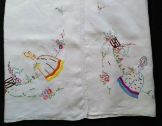 Vintage Hand Embroidered Crinoline Lady Linen Tablecloth Table Cloth