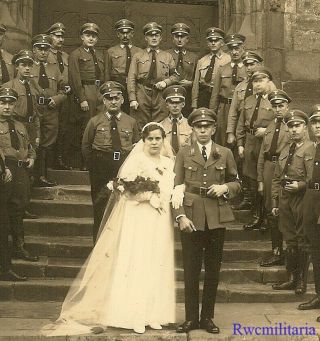 Port.  Photo: Rare German Elite Partei Truppe W/ Comrade & Bride At Church; 1935